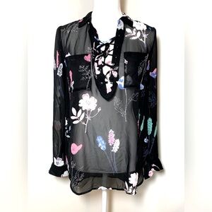 I ❤️ Ronson Black Sheer Floral Tropical Lace-Up Top Swim Coverup Women Small